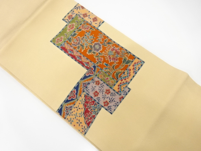 未使用品　縮緬地手描き花更紗模様名古屋帯